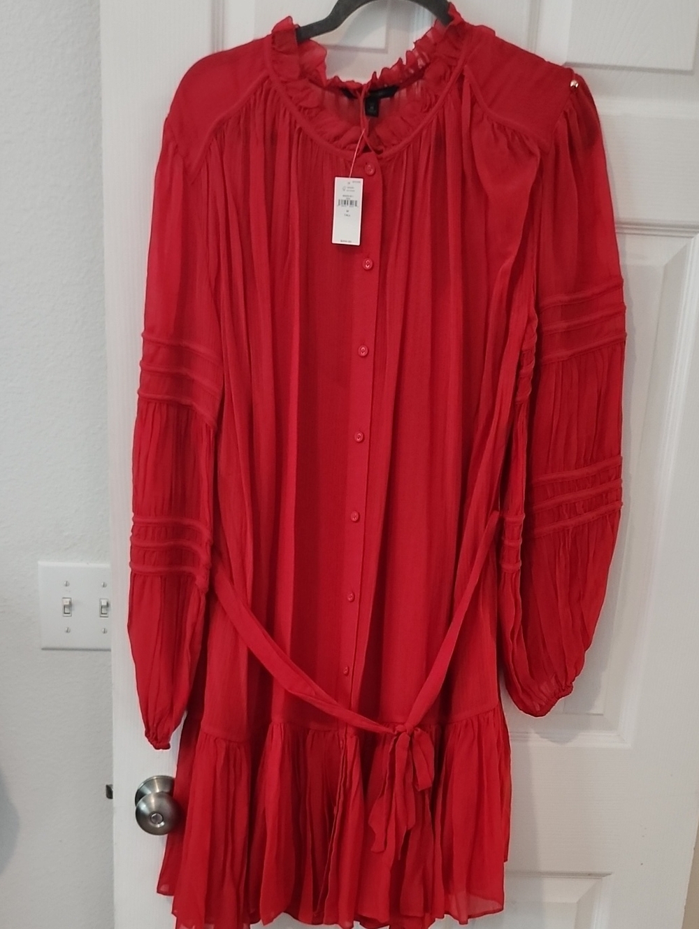Banana Republic Red Long-Sleeve Button Dress with Tie Waist